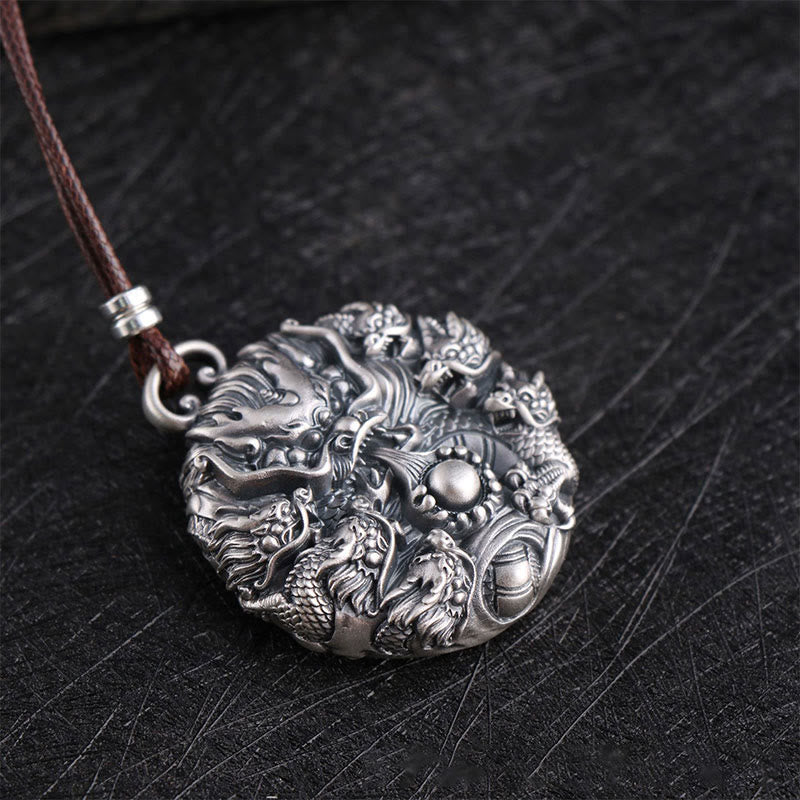 Collier de protection Buddha Stones en argent 999 Neuf dragons jouant avec une perle Pendentif de protection de la chance