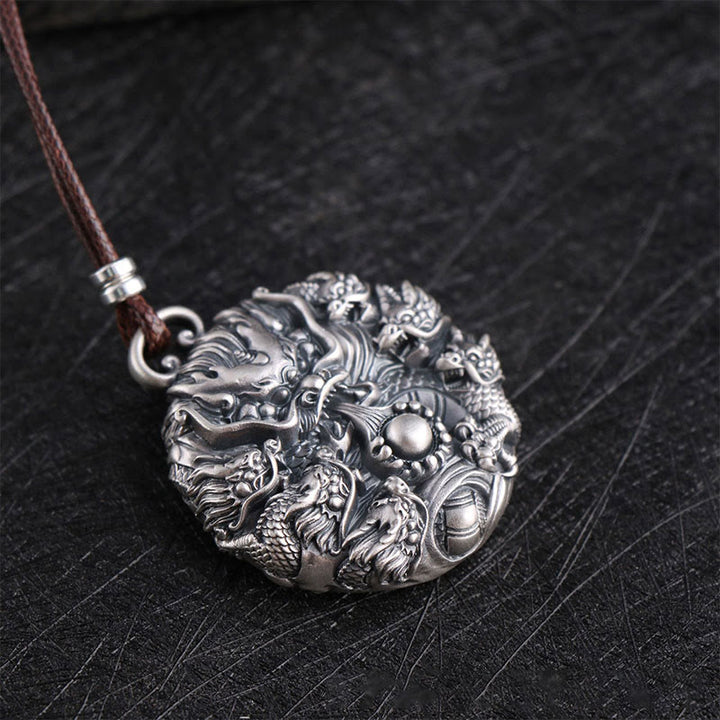 Collier de protection Buddha Stones en argent 999 Neuf dragons jouant avec une perle Pendentif de protection de la chance