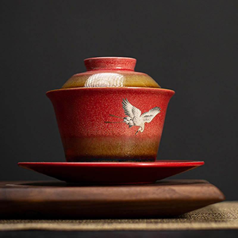 Tasse à thé et soucoupe en céramique Gaiwan Sancai avec couvercle et Buddha Stones rouge de bon augure