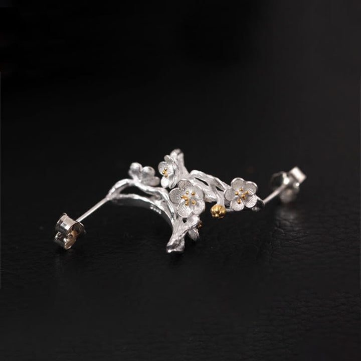 Boucles d'oreilles en argent sterling 925 Buddha Stones et fleurs de prunier