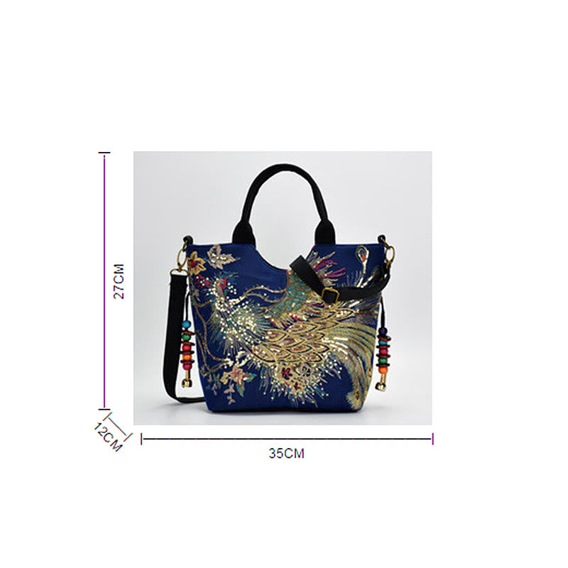 Sac fourre-tout brodé recto verso Buddha Stones Peacock Sac à bandoulière Sac à bandoulière