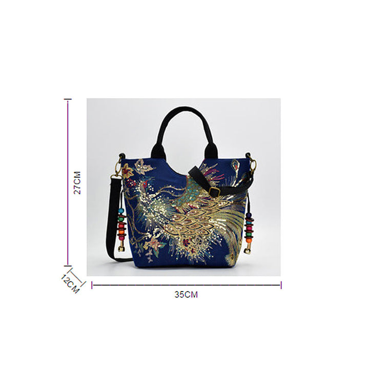 Sac fourre-tout brodé recto verso Buddha Stones Peacock Sac à bandoulière Sac à bandoulière