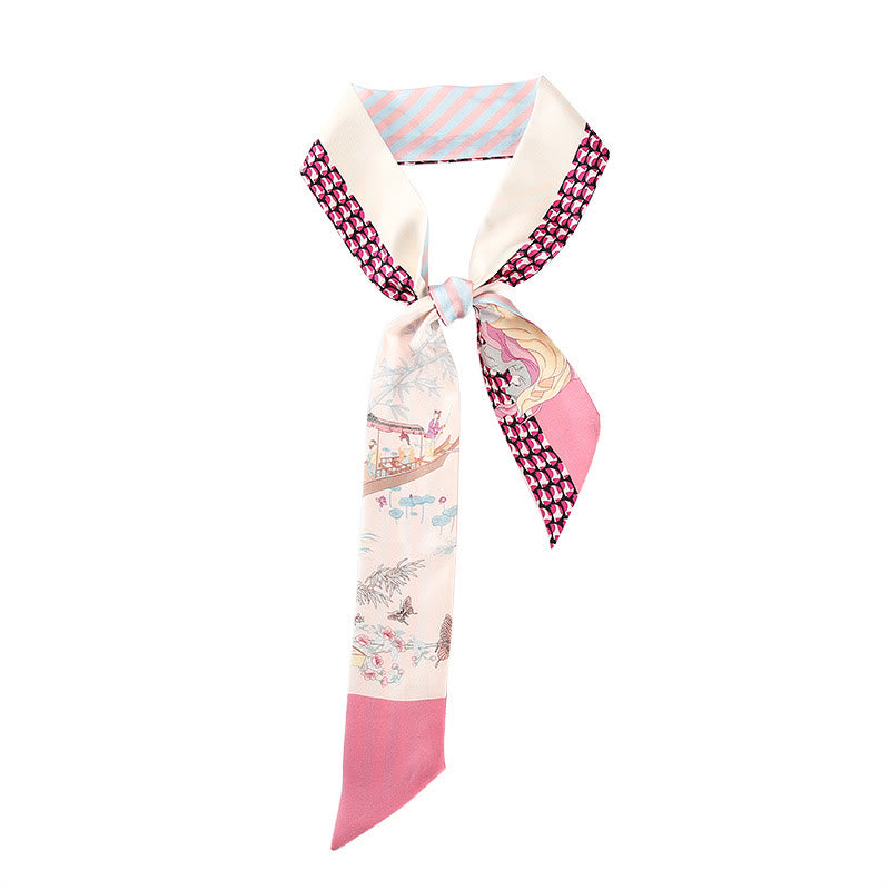 Foulard pour cheveux en soie 100 % mûre avec Buddha Stones, fresques de Dunhuang, montagnes, coucher de soleil, motif floral