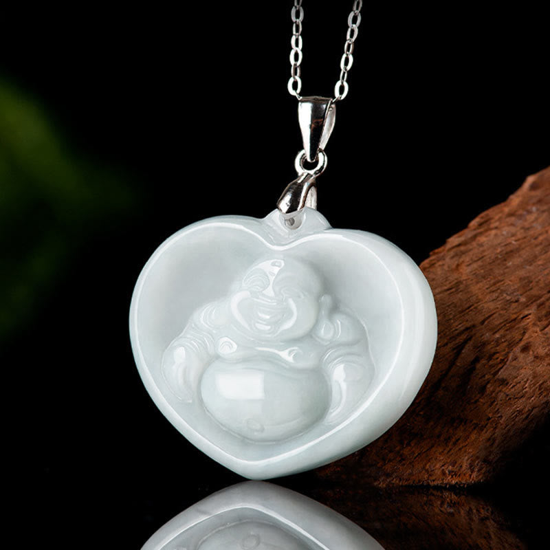 Collier Buddha Stones rieur en jade blanc, pierre de Bouddha, porte-bonheur, chaîne en acier titane - image 1