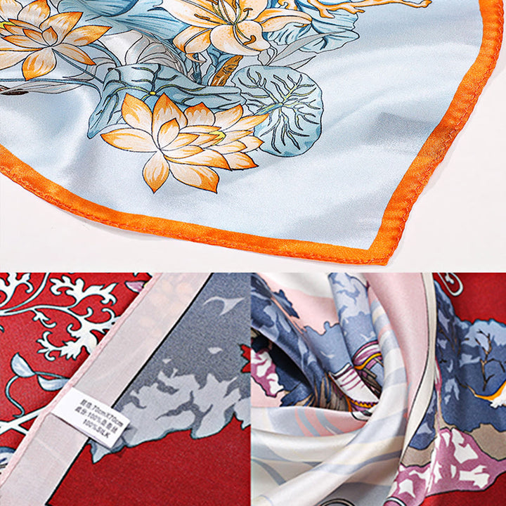 Foulard pour cheveux en soie de mûrier 100 % Buddha Stones et scène pastorale en montgolfière