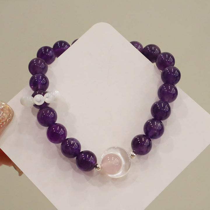 Buddha Stones de guérison en forme de croissant de lune en argent sterling 925 avec améthyste naturelle et aigue-marine en cristal rose œil de chat