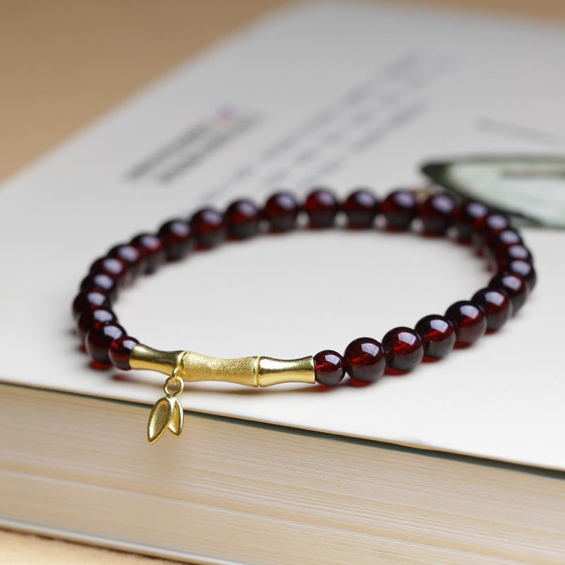 Bracelet de protection en bambou et grenat naturel en argent sterling 925 plaqué or et cuivre 14 carats avec Buddha Stones - Grenat et bambou plaqué or 14 carats (tour de poignet 14-16 cm) - image 0