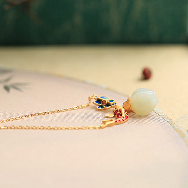 Collier pendentif protection lotus poisson koi en argent sterling 925 et jade blanc Buddha Stones - image 8