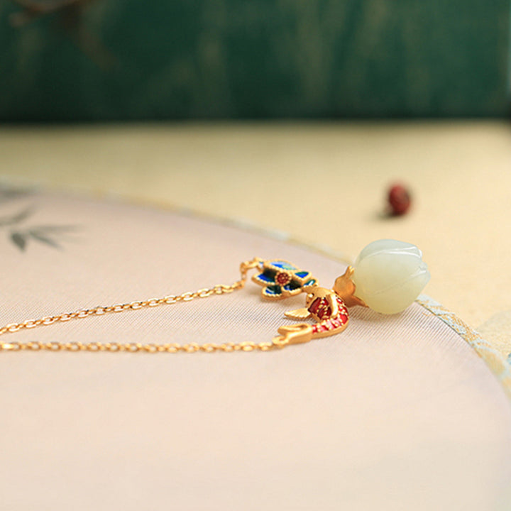 Collier pendentif protection lotus poisson koi en argent sterling 925 et jade blanc Buddha Stones - image 8