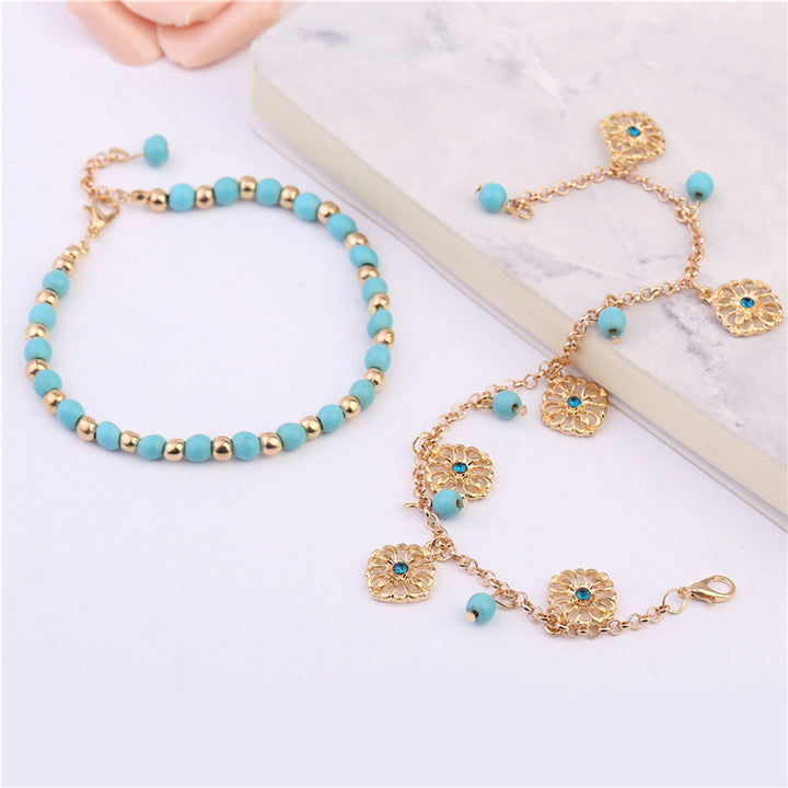 Lot de 2 bracelets de cheville en pierre turquoise avec protection en forme de fleur