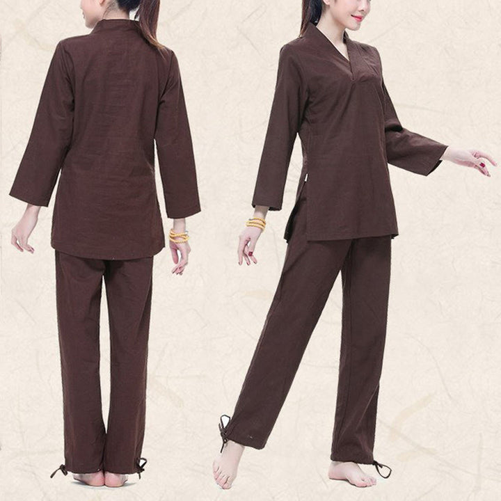 Ensemble de vêtements pour femmes en coton et lin avec Buddha Stones, pratique zen, yoga, méditation, prière, col en V