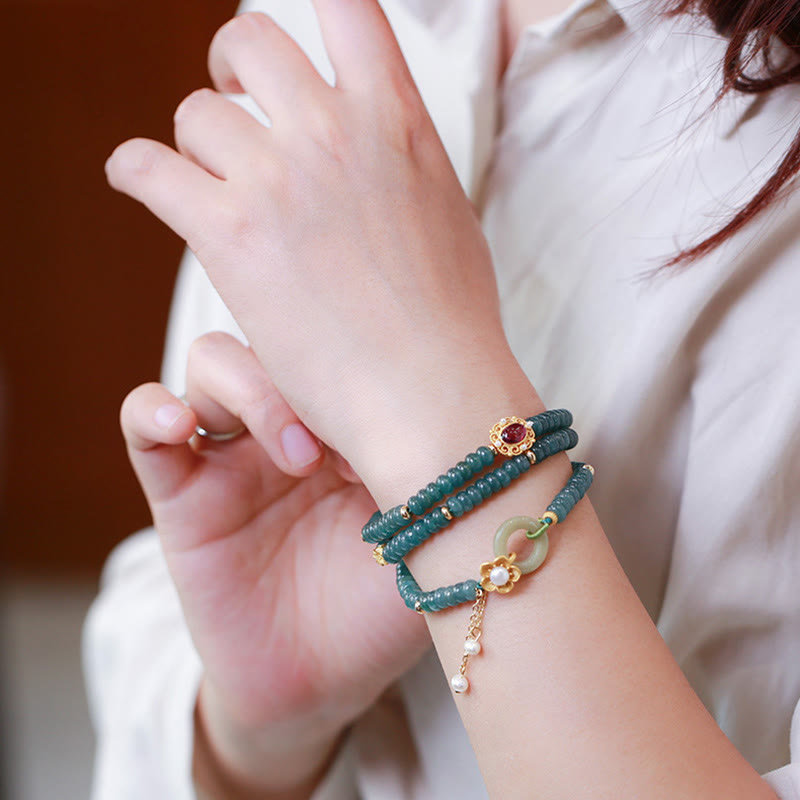 Bracelet triple tour en argent sterling 925 plaqué or avec fleur de jade cyan et boucle de paix Buddha Stones