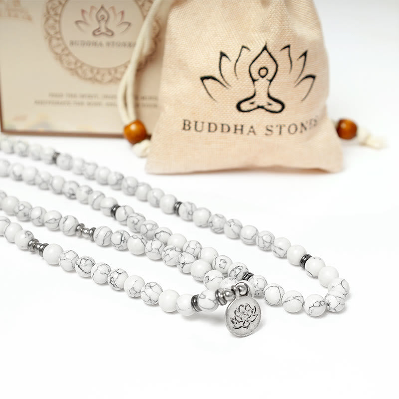 Bracelet Mala de guérison en Buddha Stones et lotus blanc turquoise