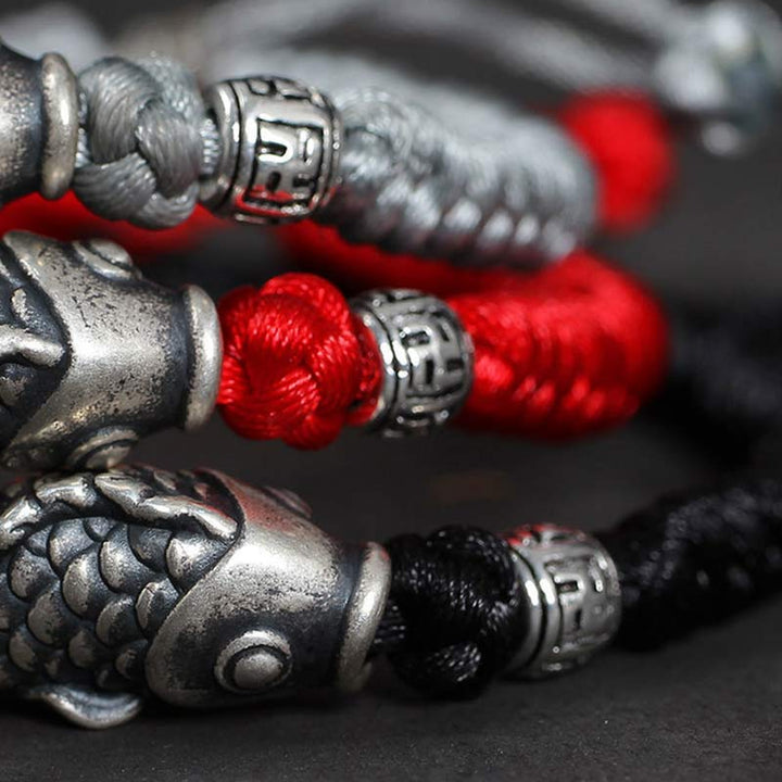 Bracelet tressé en argent avec motif poisson Koi et Buddha Stones
