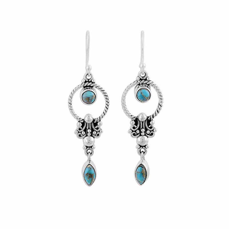 Boucles d'oreilles pendantes en argent sterling 925 Buddha Stones et motif de goutte d'eau turquoise vintage
