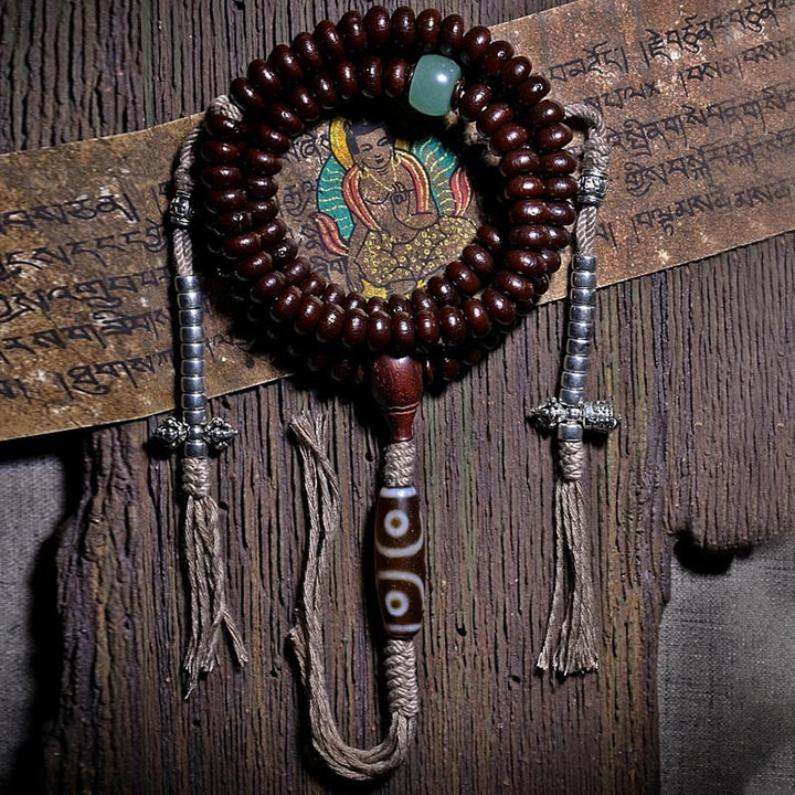 Buddha Stones Bracelet d'harmonie Dorje en cuivre avec 108 perles de Mala en perles de Bodhi violettes à trois yeux