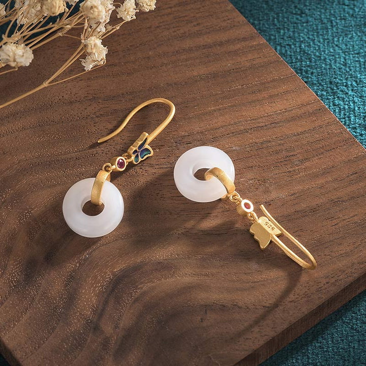 Boucles d'oreilles porte-bonheur papillon en jade blanc Feng Shui