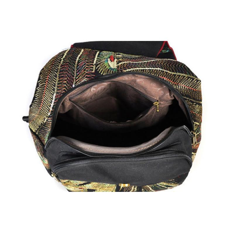 Sac à dos à pompons en toile avec broderies de paon et Buddha Stones