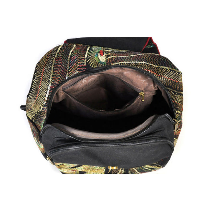 Sac à dos à pompons en toile avec broderies de paon et Buddha Stones