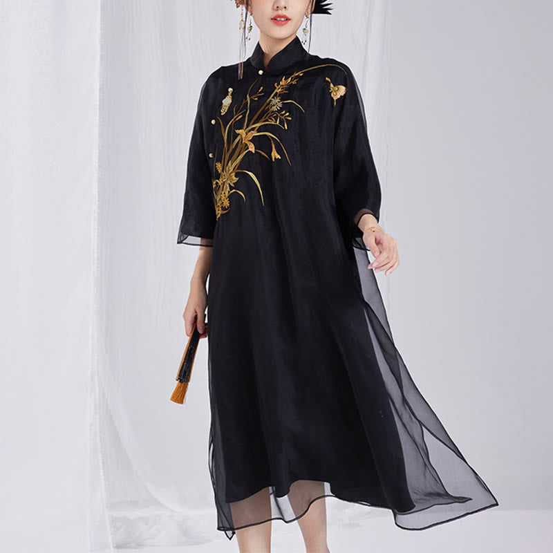 Robe qipao vintage en soie de Buddha Stones 100 % 6 momme avec broderie de fleurs et de papillons pour femme