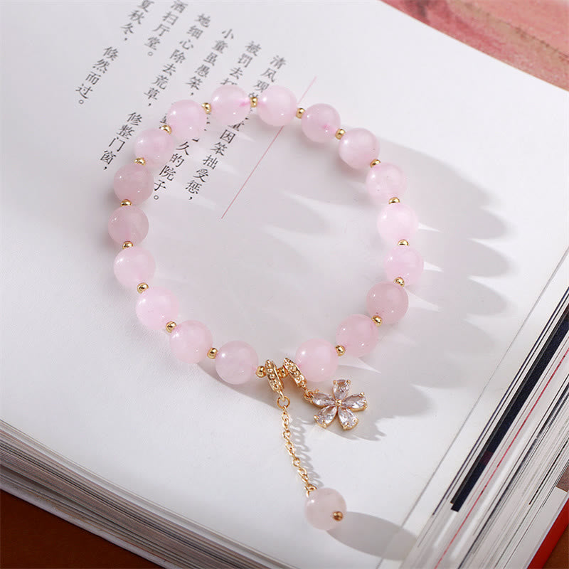 Bracelet d'amour en cristal rose naturel avec fleur de prunier