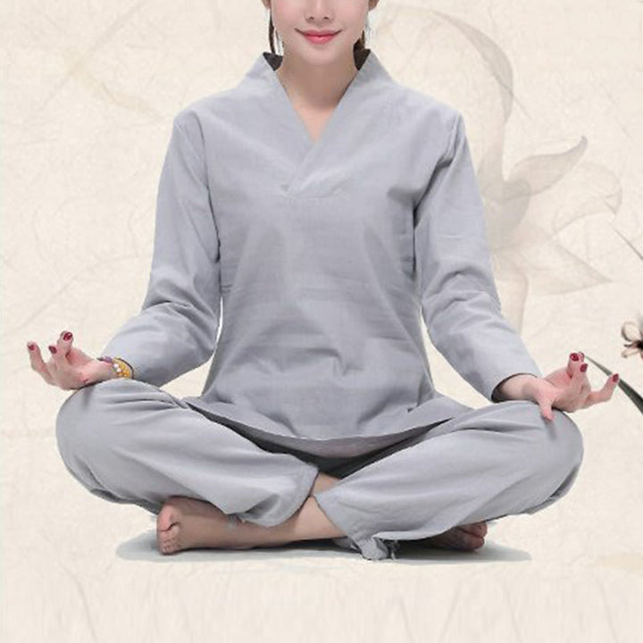 Ensemble de vêtements pour femmes en coton et lin avec Buddha Stones, pratique zen, yoga, méditation, prière, col en V