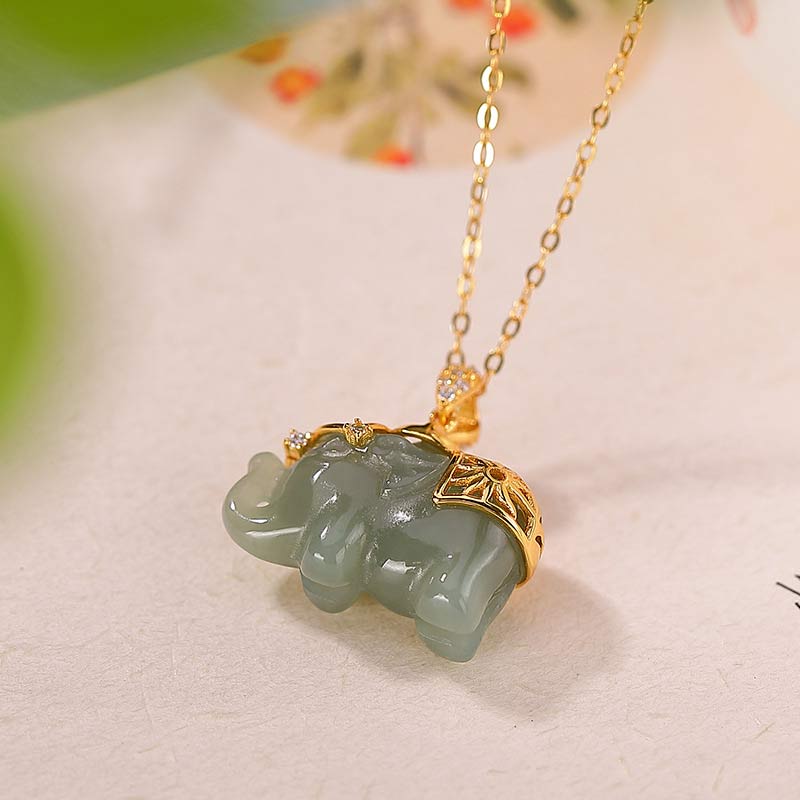 Buddha Stones Argent Sterling 925 Jade Eléphant Bénédiction Fortune Collier Chaîne Pendentif