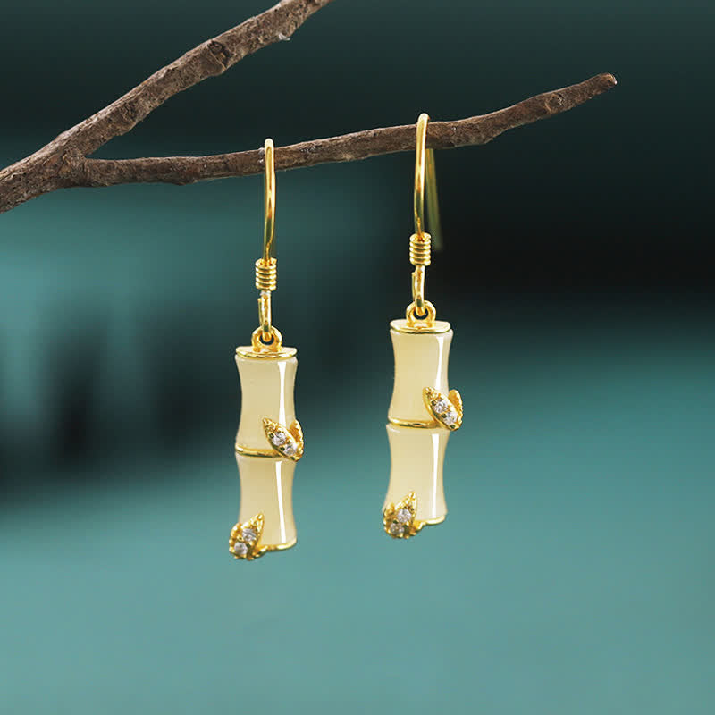 Boucles d'oreilles pendantes porte-bonheur en argent sterling 925 avec jade chrysobéryl œil de chat agate rouge bambou - Or - Jade Hetian (Prospérité ♥ Abondance) - image 1
