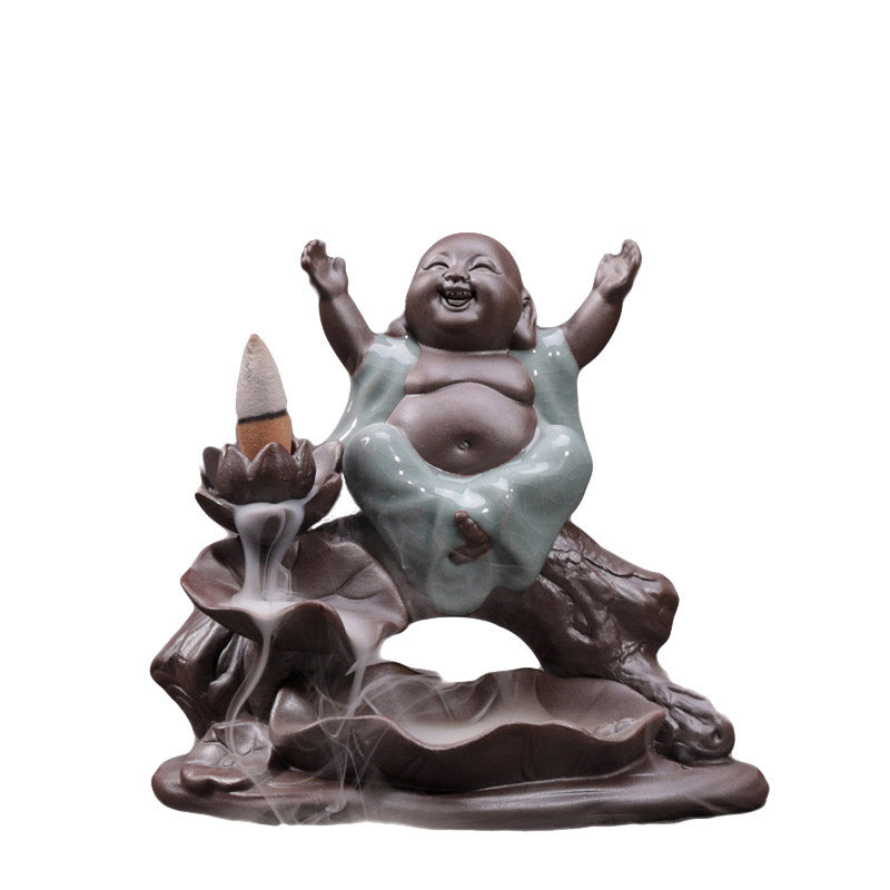 Brûleur d'encens en céramique avec bénédiction de lotus et petit moine en Buddha Stones
