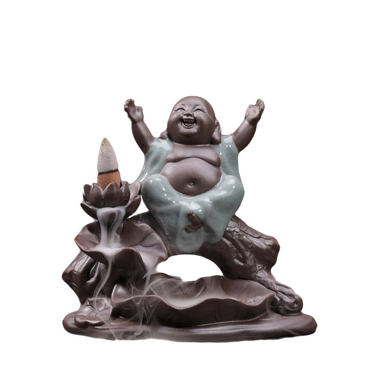 Brûleur d'encens en céramique avec bénédiction de lotus et petit moine en Buddha Stones