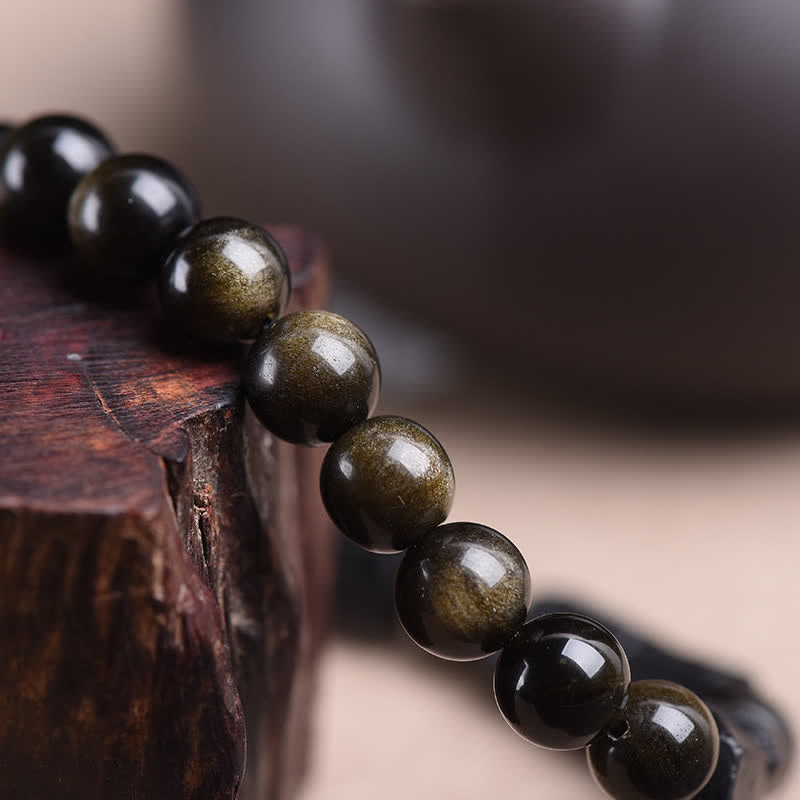 Bracelet de richesse en obsidienne et tourmaline noire avec Buddha Stones
