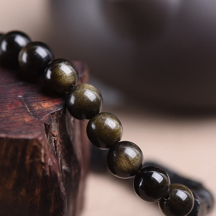 Bracelet de richesse en obsidienne et tourmaline noire avec Buddha Stones