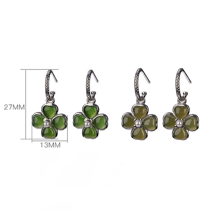 Boucles d'oreilles trèfle à quatre feuilles en argent sterling 925 et jade cyan naturel avec pierres de Buddha Stones