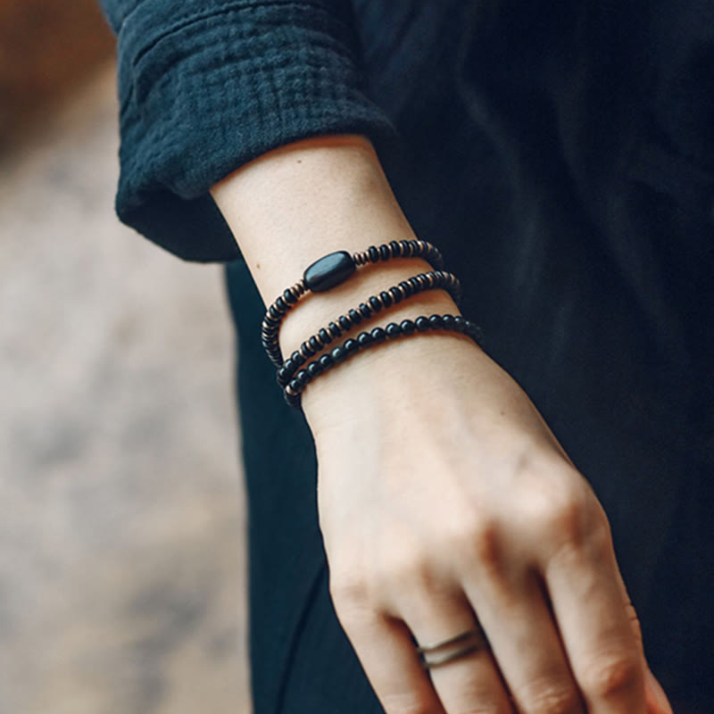 Bracelet triple tour de guérison en cuivre et bois d'ébène avec Buddha Stones arc-en-ciel et obsidienne