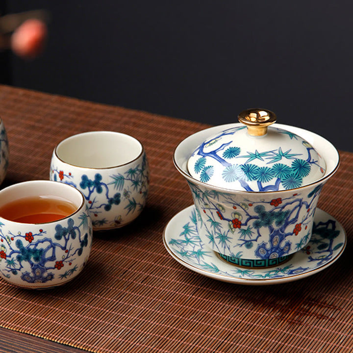 Buddha Stones Rétro Fleur de Prunier Pin Bambou Phénix Kirin Céramique Gaiwan Sancai Tasse à Thé Kung Fu Tasse à Thé et Soucoupe avec Couvercle