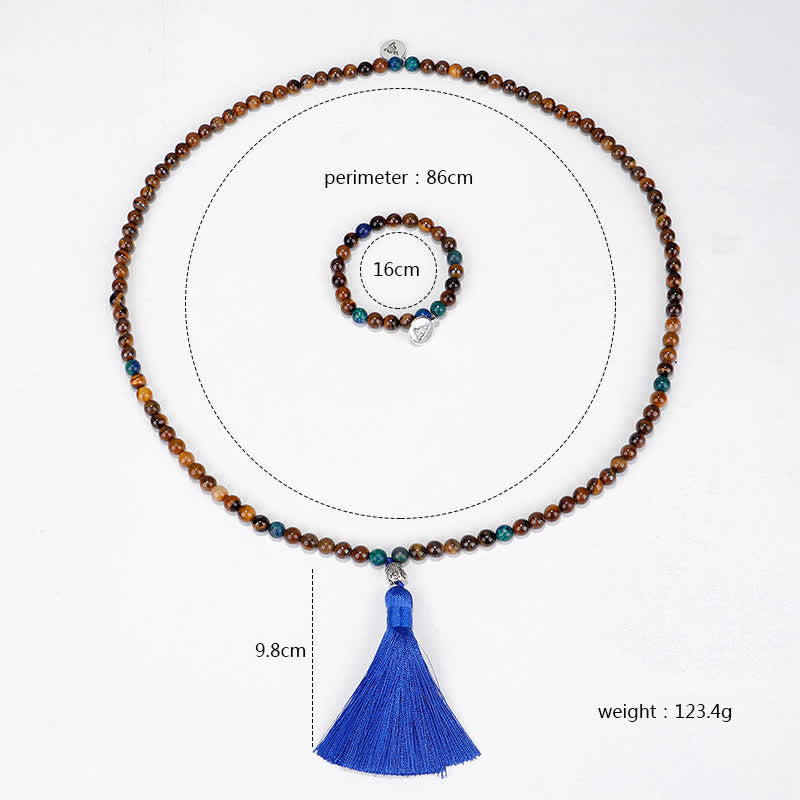 Bracelet Mala 108 Buddha Stones avec œil de tigre et pendentif en forme de pompon