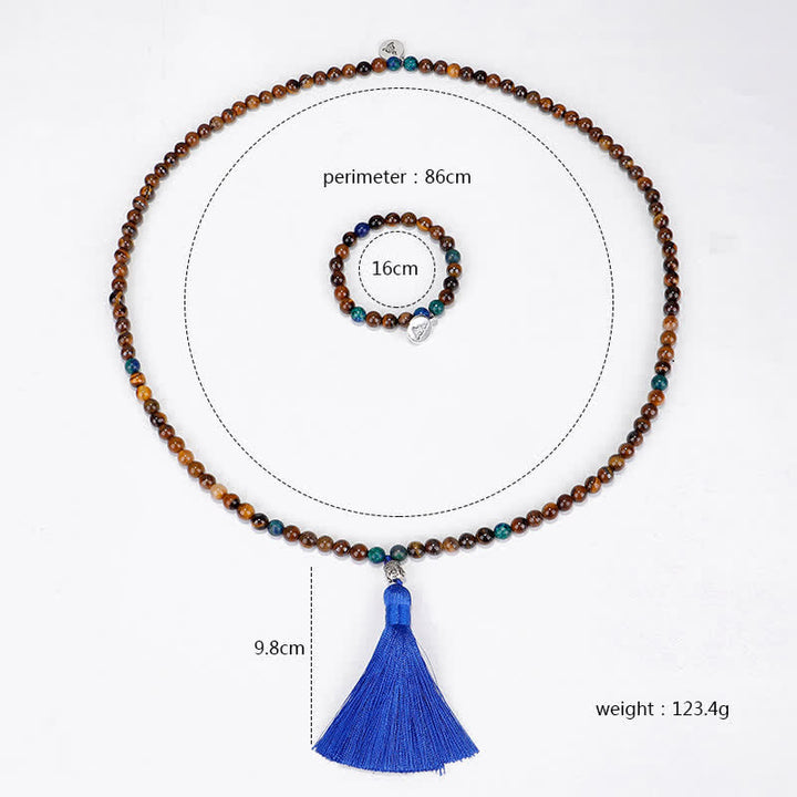 Bracelet Mala 108 Buddha Stones avec œil de tigre et pendentif en forme de pompon