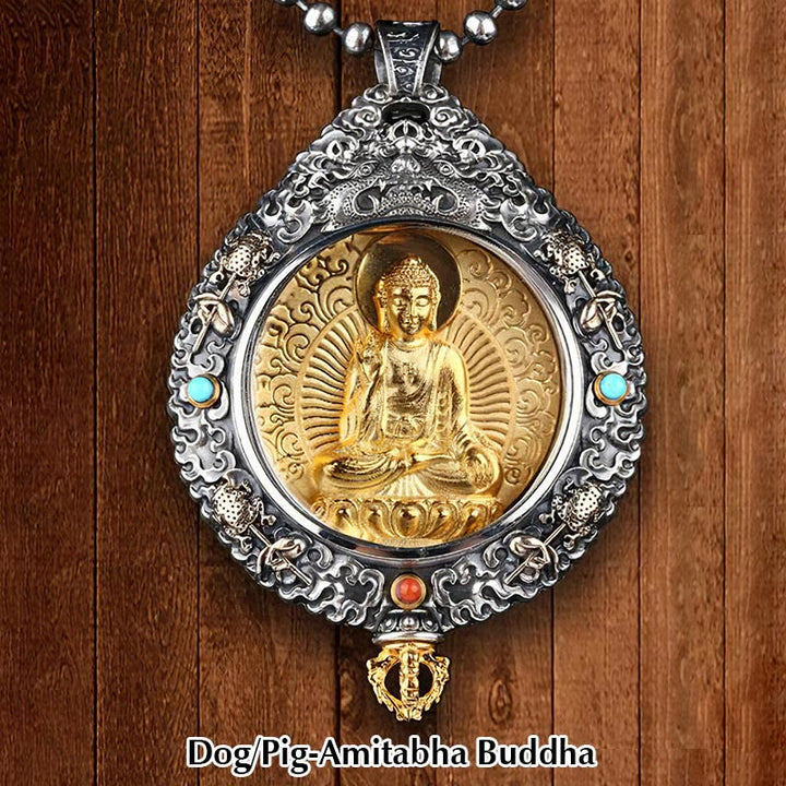 Buddha Stones Zodiaque chinois Bouddha natal Thangka Neuf palais Huit diagrammes Richesse Collier pendentif rotatif