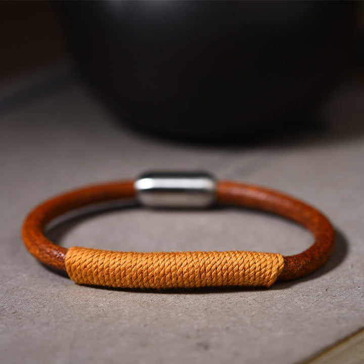 Bracelet en cuir tibétain fait main avec Buddha Stones et boucle porte-bonheur en forme de cinq éléments - Jaune (Terre) - 19 cm - image 11