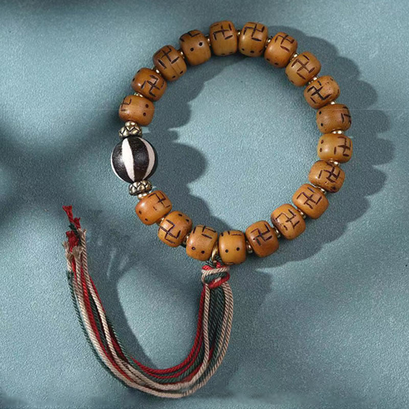 Buddha Stones en os de chameau tibétain naturel, croix gammée Dzi, perle Shankha, breloque de bouddha Kirtimukha, Bracelet à pompon de Protection porte-bonheur