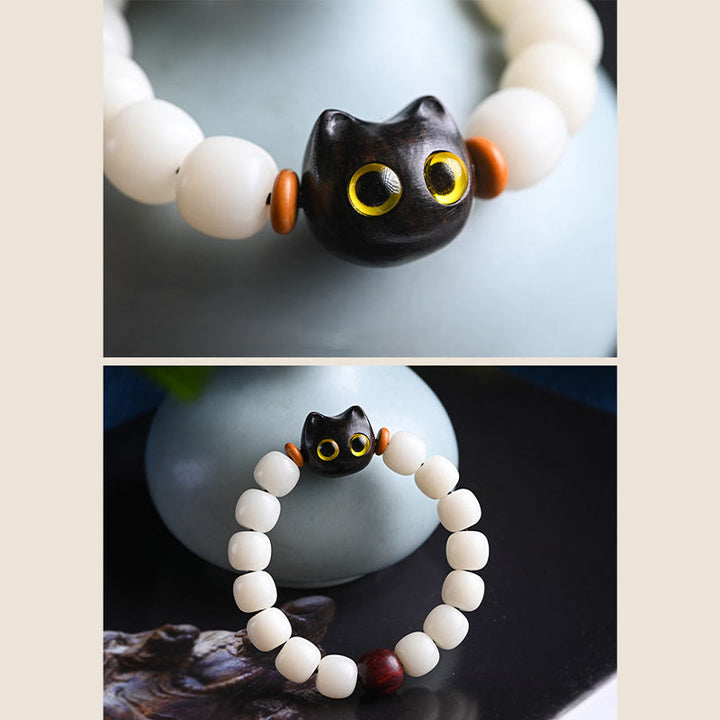 Bracelet de sagesse en Buddha Stones, graine de Bodhi naturelle, petite feuille, bois de santal rouge, bois d'ébène, joli chat porte-bonheur - image 16