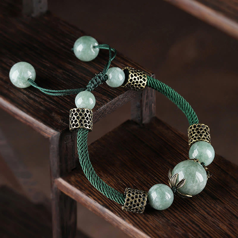 Bracelet de prospérité en perles de jade et corde verte fait main avec Buddha Stones
