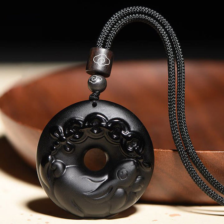 Collier avec pendentif en obsidienne noire naturelle et Buddha Stones du zodiaque chinois - Lapin - image 1