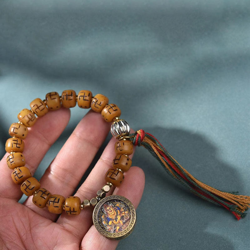 Buddha Stones en os de chameau tibétain naturel, croix gammée Dzi, perle Shankha, breloque de bouddha Kirtimukha, Bracelet à pompon de Protection porte-bonheur