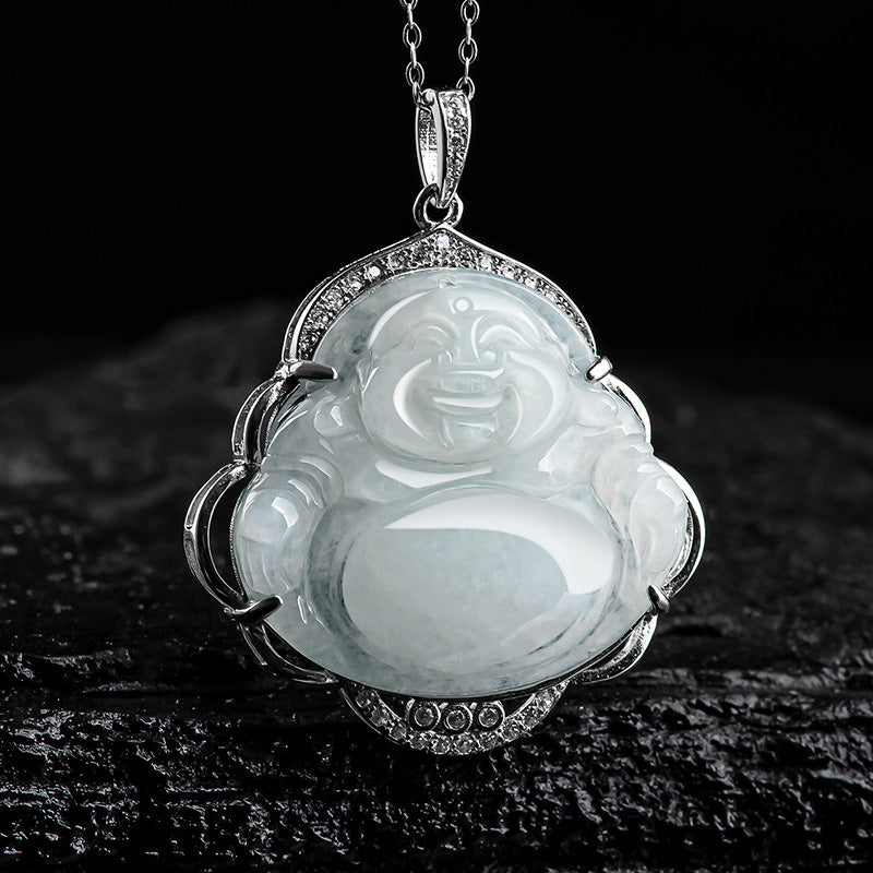 Collier Buddha Stones rieur en jade naturel, symbole d'abondance, avec chaîne en acier titane et pierres de Bouddha - image 4