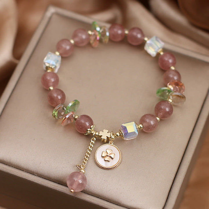 Bracelet porte-bonheur en quartz fraise et trèfle à quatre feuilles avec breloque de guérison et Buddha Stones
