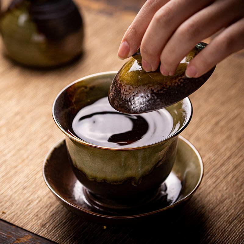 Buddha Stones Vintage Brown Kiln Change Design Porcelaine Céramique Gaiwan Sancai Tasse À Thé Kung Fu Tasse À Thé Et Soucoupe Avec Couvercle