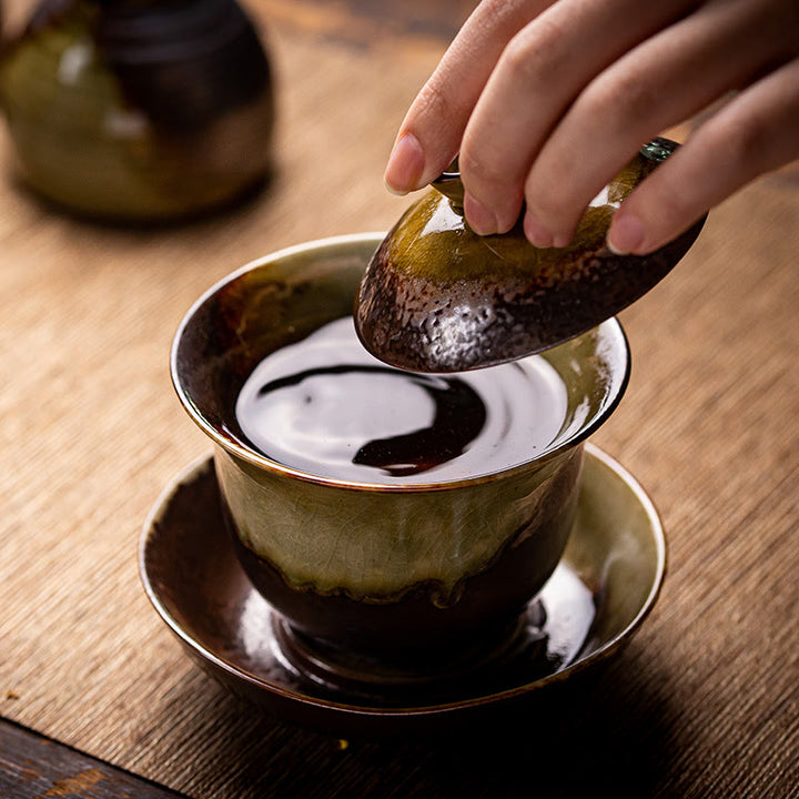 Buddha Stones Vintage Brown Kiln Change Design Porcelaine Céramique Gaiwan Sancai Tasse À Thé Kung Fu Tasse À Thé Et Soucoupe Avec Couvercle