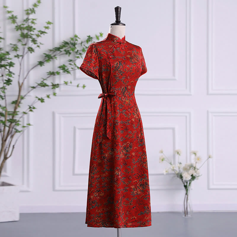 Robe Qipao pour femme avec imprimé feuilles et nuages ​​de bon augure vintage et Buddha Stones - image 1