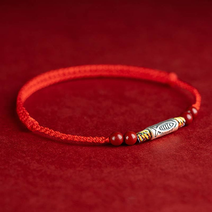 Bracelet de cheville tressé artisanal en argent sterling 925 avec perles de cinabre et poisson koï de Buddha Stones